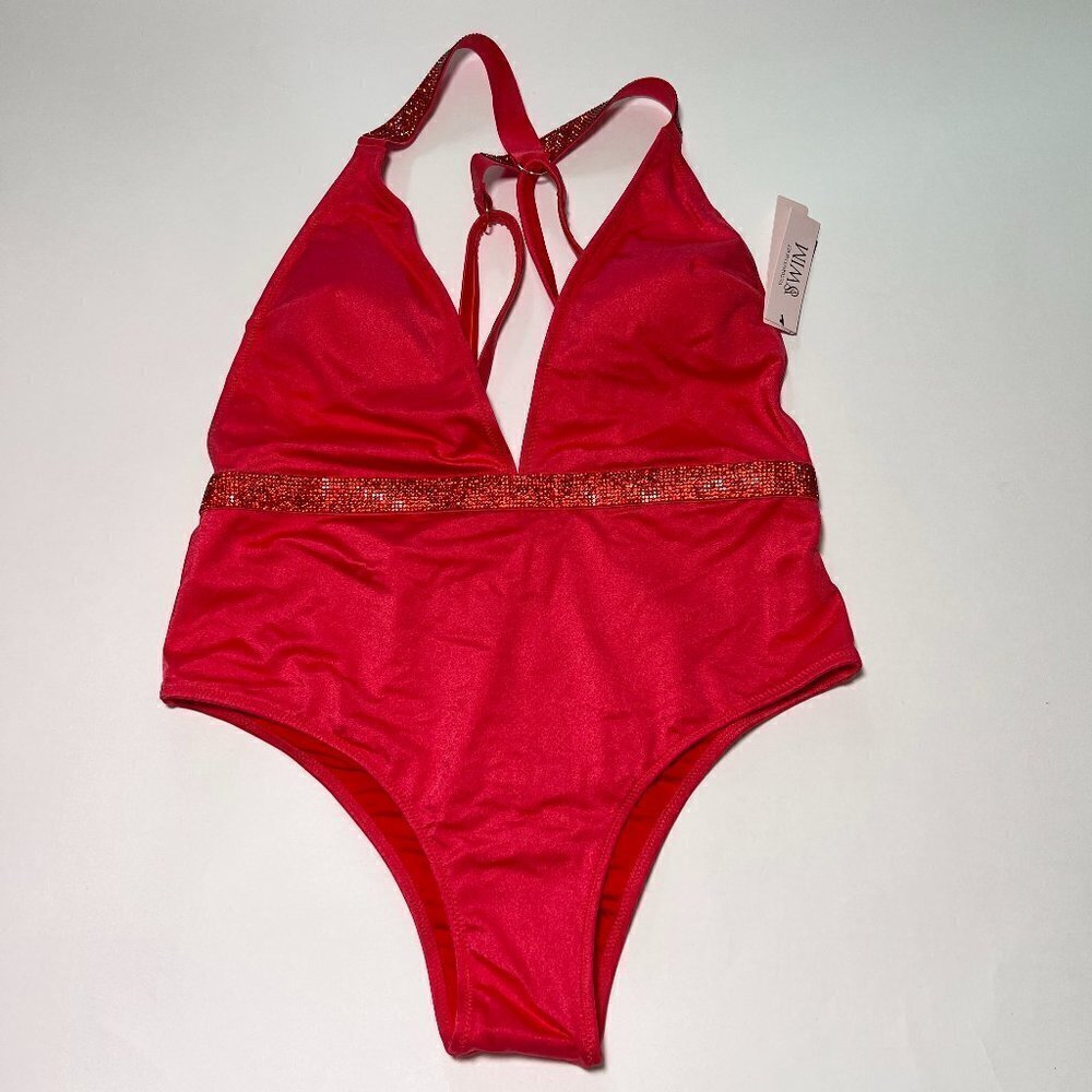 Victoria Secret Small S Shine Strap Plunge One Piece Swimsuit Bikini Red Pink - Picture 2 of 8